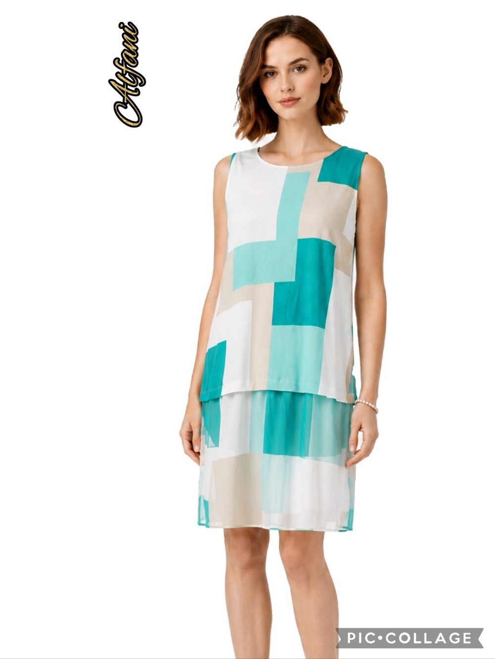 Alfani sleeveless teal aqua beige abstract shapes soft fabric dress sheer lower
